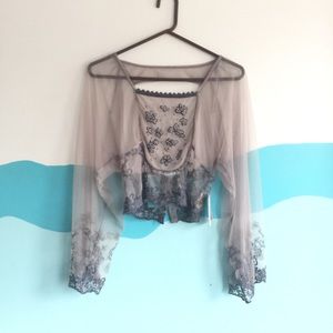 Free People Gray Mesh Lace Bell Sleeve Top S